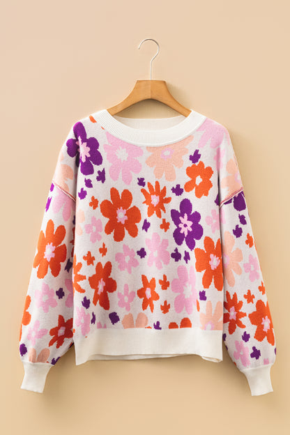 Khaki Fall Floral Pattern Drop Shoulder Sweater