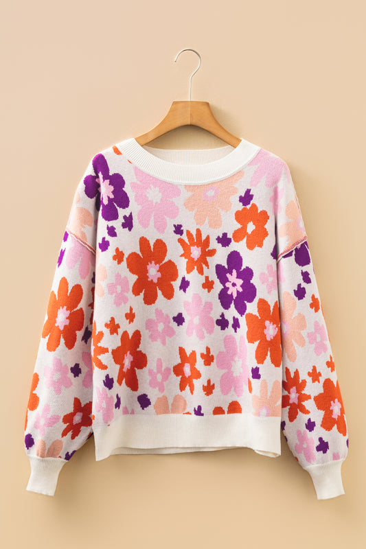 Khaki Fall Floral Pattern Drop Shoulder Sweater