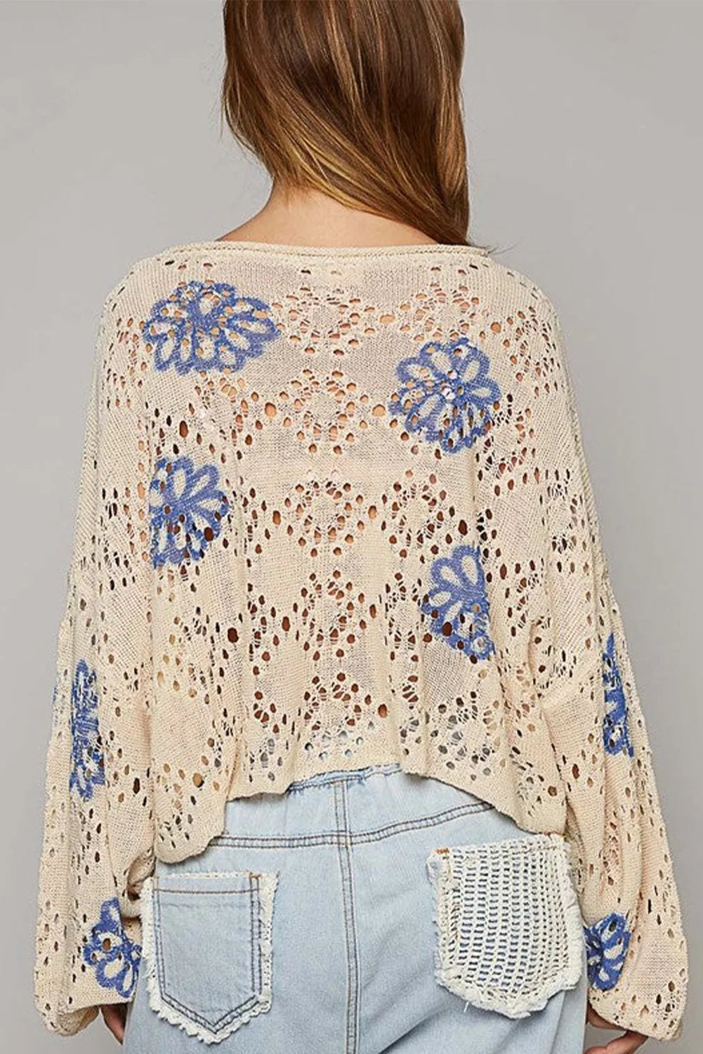 Beige Contrast Flower Print Eyelet Drop Shoulder Sweater - Chic Meadow Boutique 