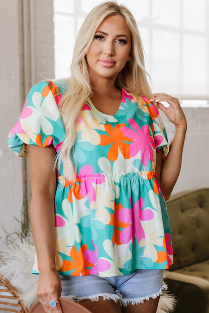 Pink Floral Print Bubble Sleeve V Neck Peplum Blouse