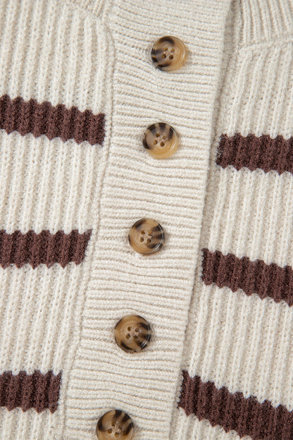 Brown Stripe Ribbed Henley Drop Shoulder Slouchy Sweater