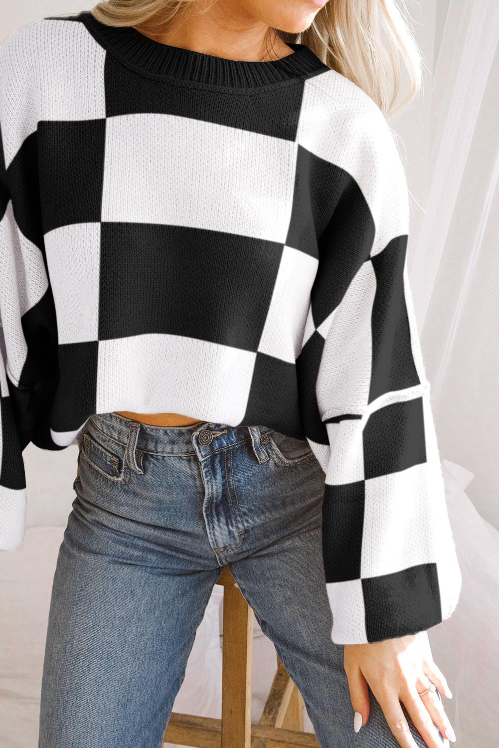 Black Checkered Bishop Sleeve Sweater