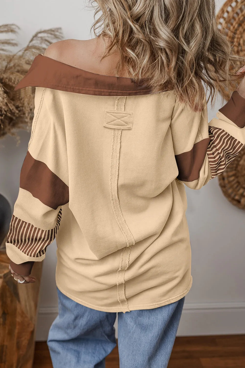 Light French Beige Striped Colorblock Patchwork Collar Sweatshirt - Chic Meadow Boutique 