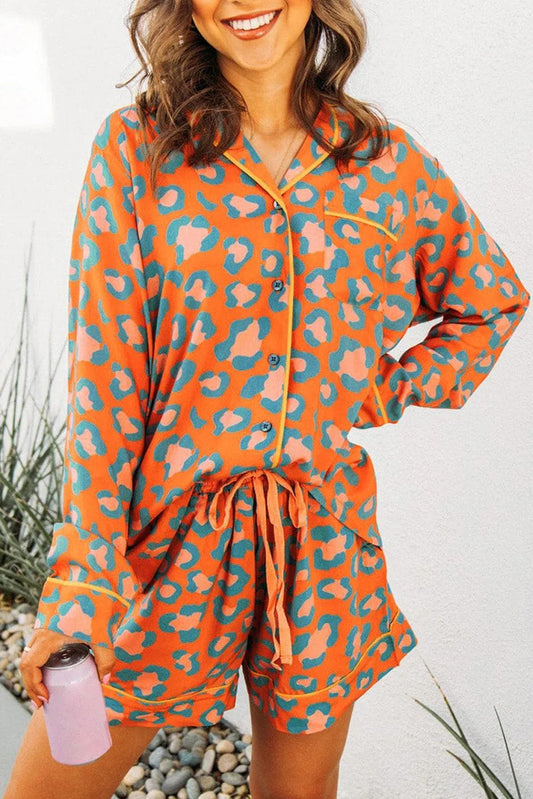 Loungewear & Sleepwear/Sleepwear Orange / S / 100%Viscose Orange Leopard Print Long Sleeve Shirt and Shorts Pajama Set