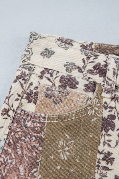 Khaki Patchwork Print Casual Shift Jeans