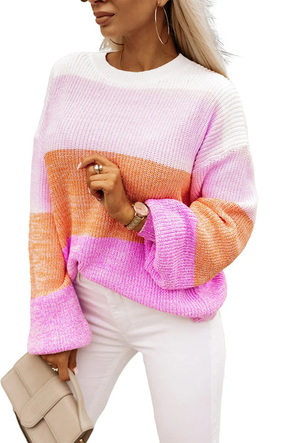 Pink Colorblock Drop Shoulder Pullover Loose Sweater - Chic Meadow Boutique 