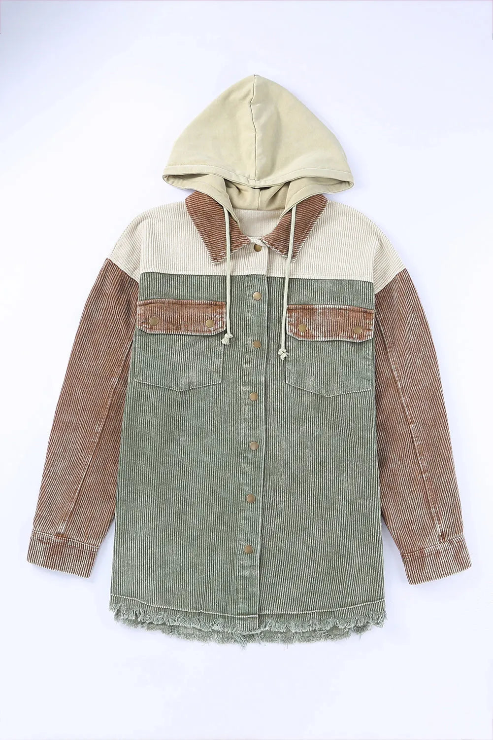 Green Color Block Button Down Hooded Corduroy Jacket - Chic Meadow Boutique 