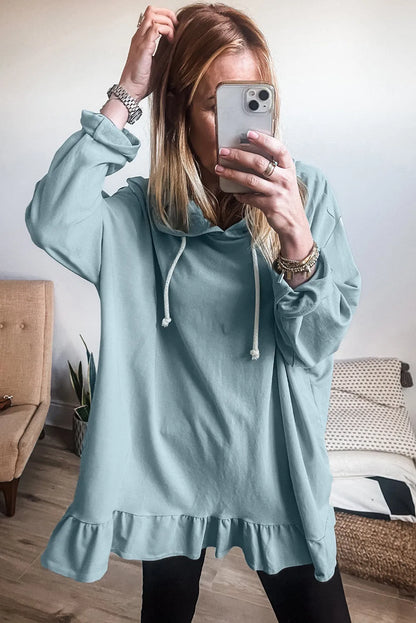 Iceland Blue Solid Ruffled Hem Loose Fit Tunic Hoodie - Chic Meadow Boutique 