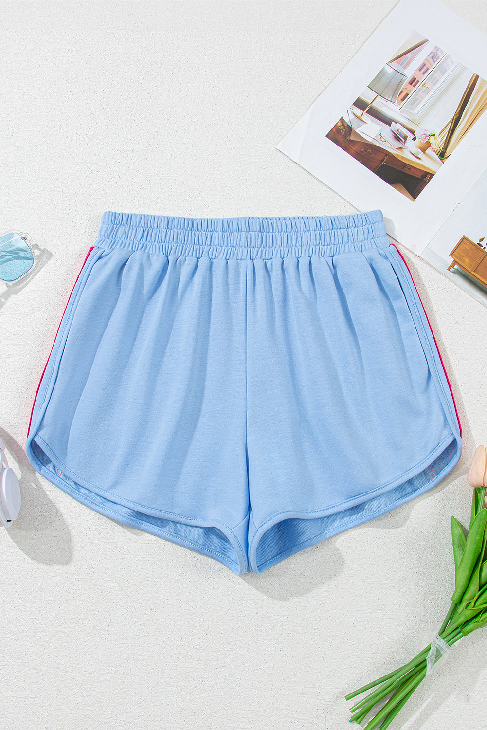 Beau Blue Color Block Stripes Elastic High Waist Active Shorts