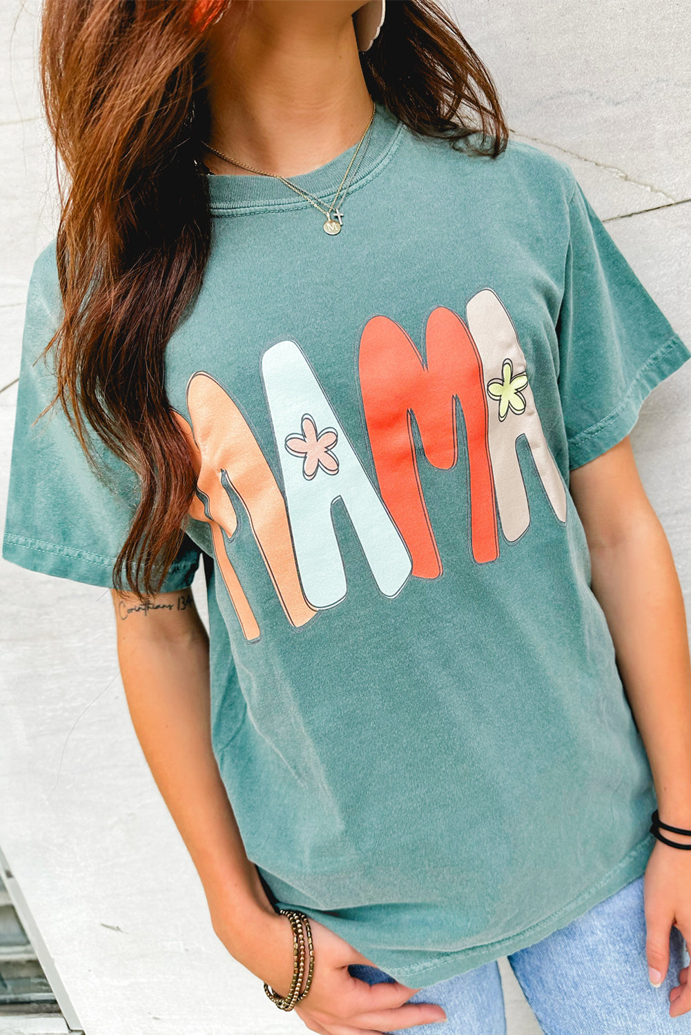 Sea Green MAMA Printed Mineral Wash Crewneck T Shirt