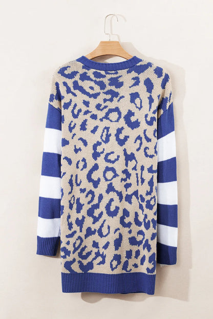 Dark Blue Stripe Sleeve Leopard Print Open Front Cardigan With Pockets - Chic Meadow Boutique 