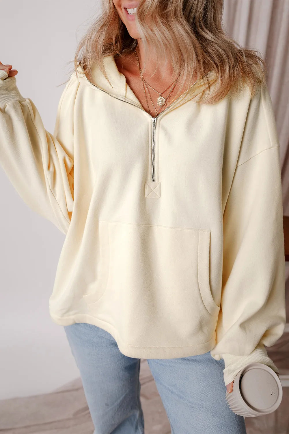 Beige Fleece Lined Half Zipper Kangaroo Pockets Loose Hoodie - Chic Meadow Boutique 