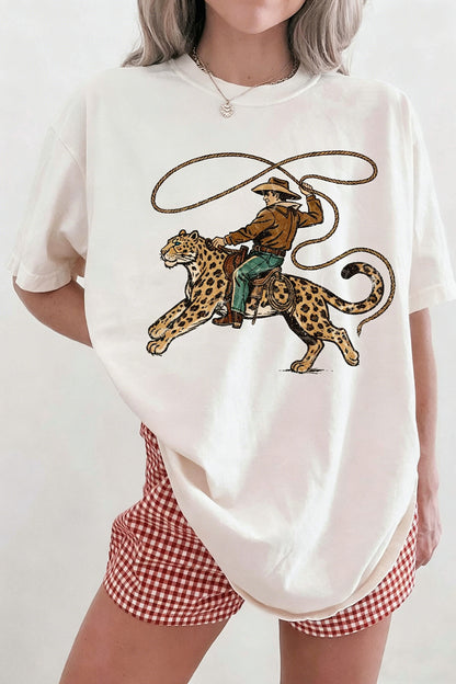 White Leopard Rodeo Cowboy Graphic Casual Tee
