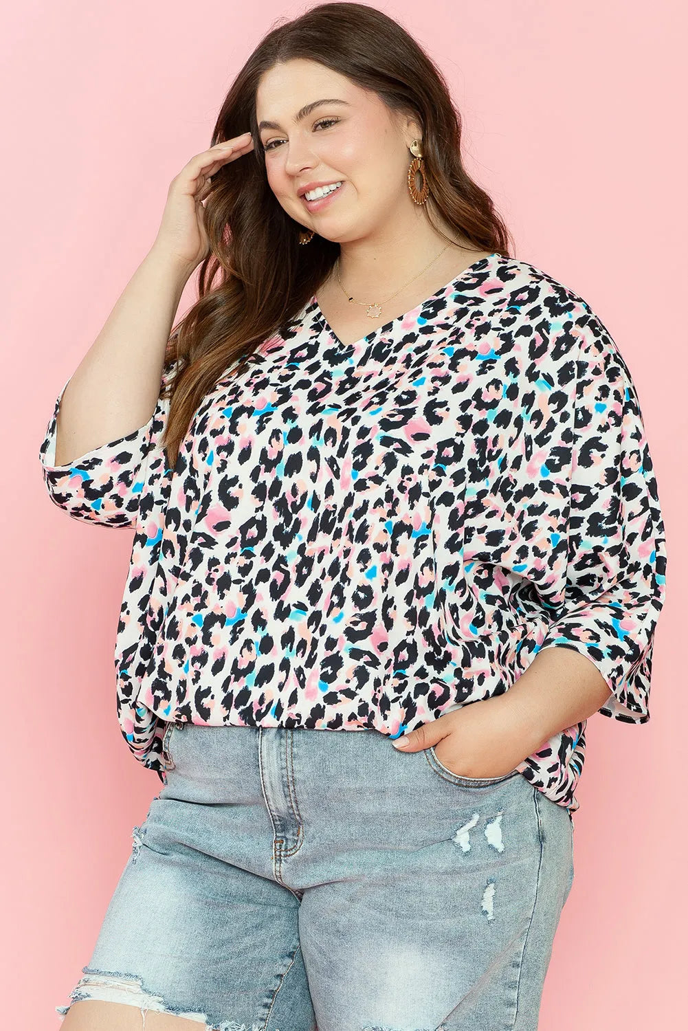 Brown Leopard Print V Neck Batwing Sleeve Plus Size Top - Chic Meadow Boutique 