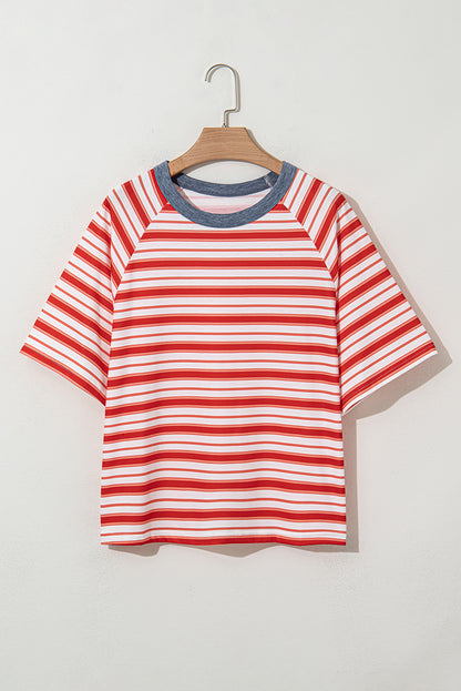Tomato Red Stripe Print Contrast Collar Raglan Sleeve T Shirt