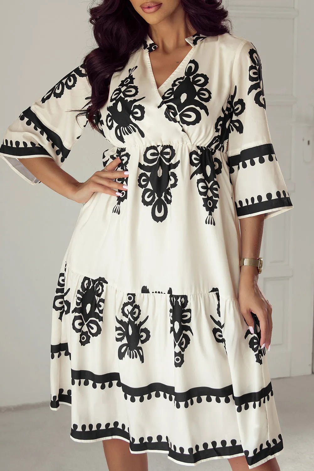 Beige Western Geometric Print 3/4 Sleeve Loose Midi Dress - Chic Meadow Boutique 