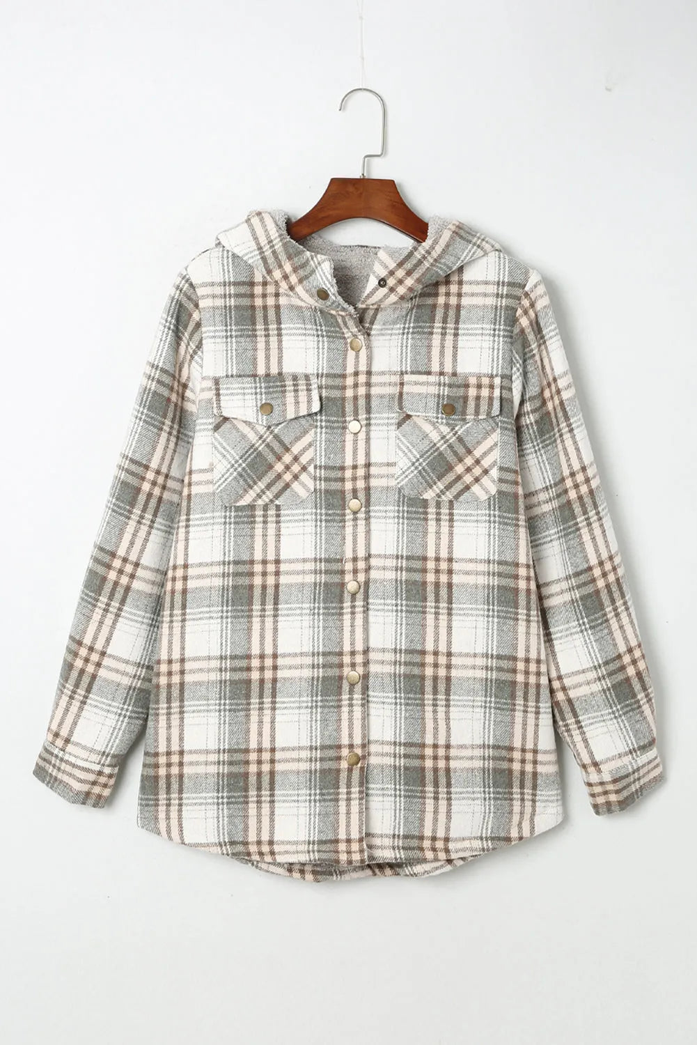 Gray Plaid Pattern Sherpa Lined Hooded Shacket - Chic Meadow Boutique 