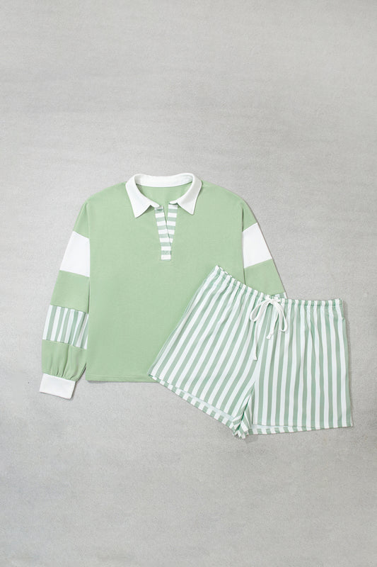 Smoke Green Striped Patchwork V Neck Two Piece Shorts Plus Size Set