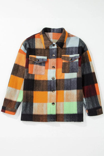 Outerwear/Jackets Orange Plaid Print Flap Pocket Long Jacket