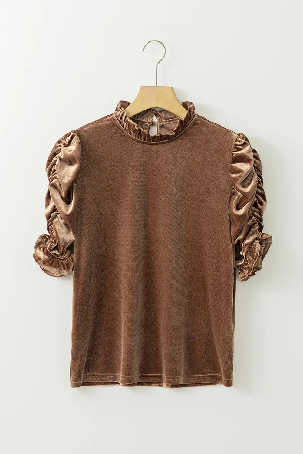 Camel Ruffled Arm Velvet Top - Chic Meadow Boutique 