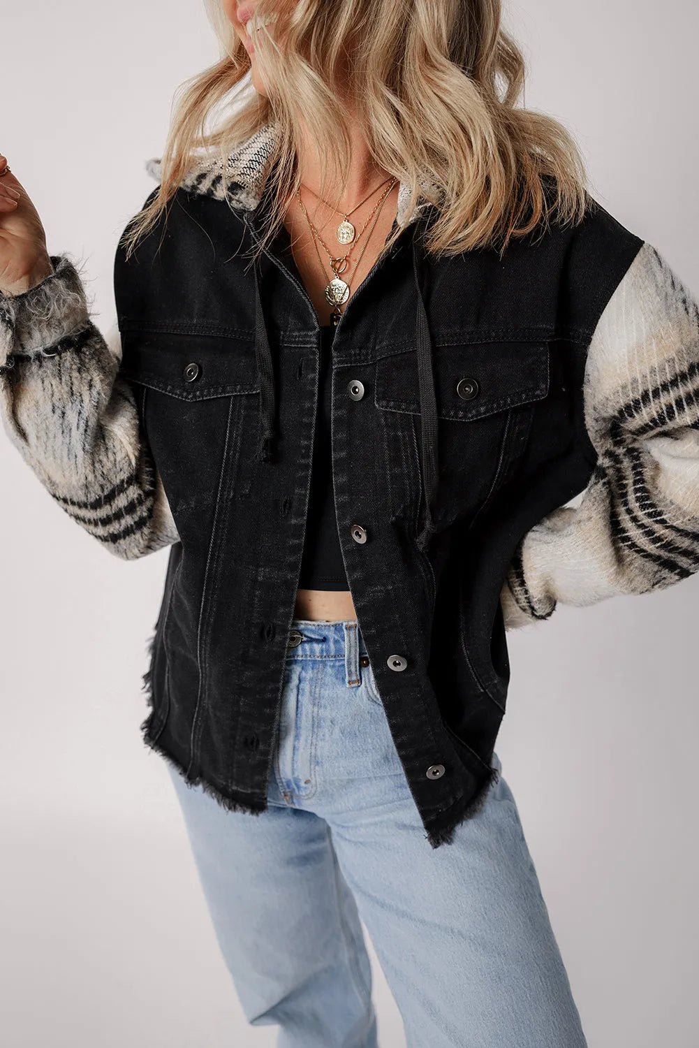 Black Plaid Sleeve Frayed Hem Hooded Denim Jacket - Chic Meadow Boutique 