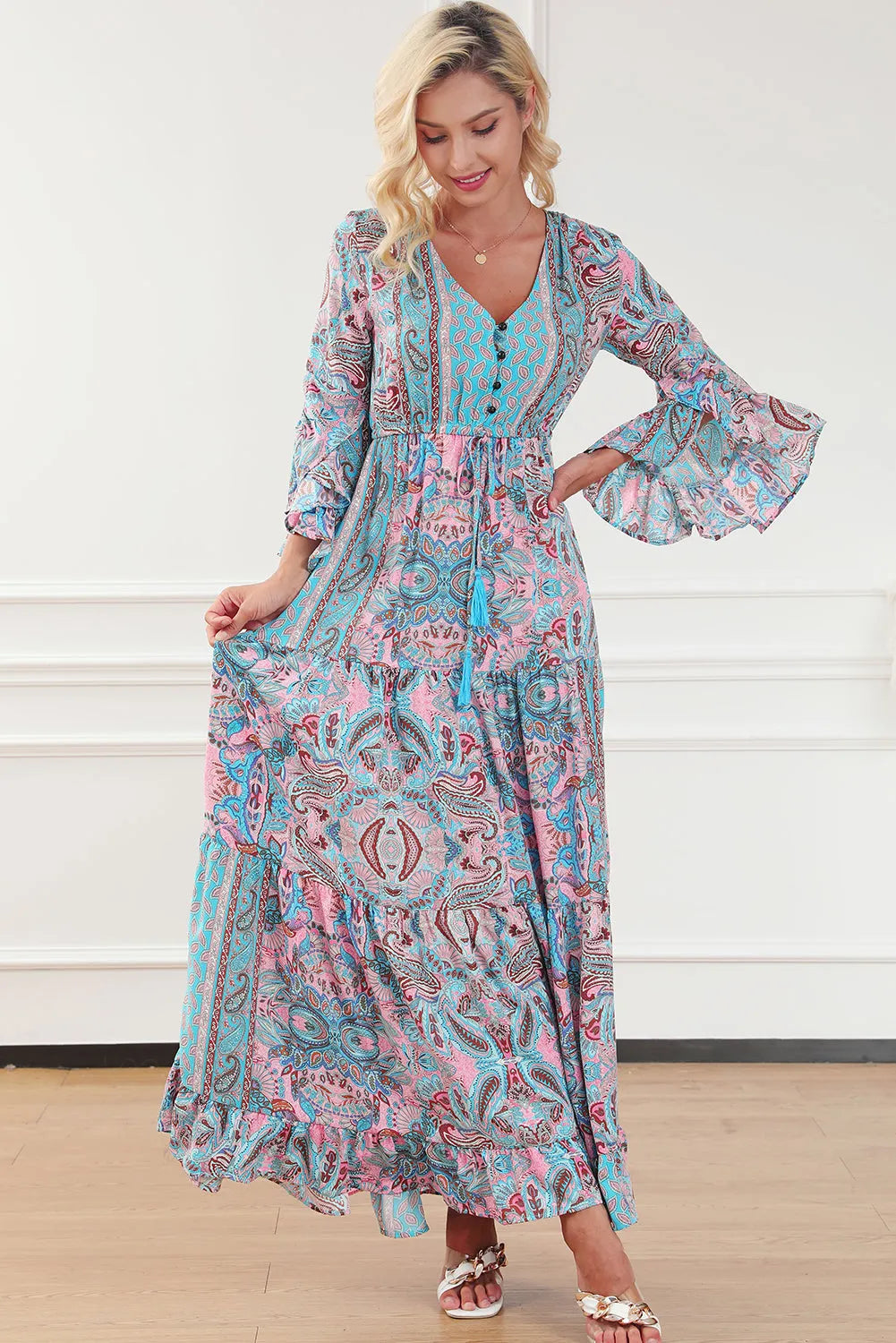 Paisley Printed Ruffle Trim Elegant Maxi Dress - Chic Meadow Boutique 