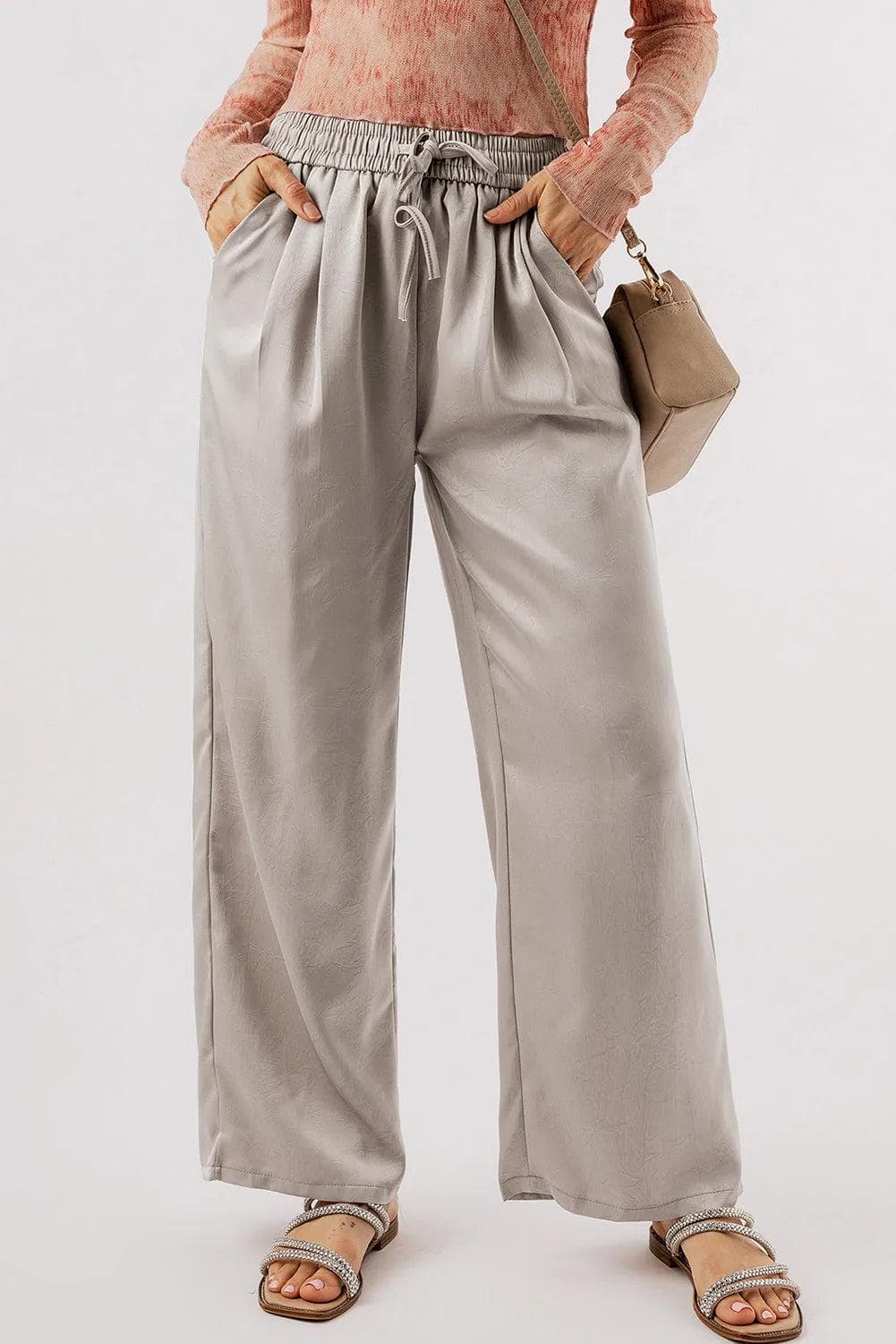 Bottoms/Pants & Culotte Jet Stream / S / 100%Polyester Jet Stream Solid Pleated Lace-up High Waist Wide Leg Pants