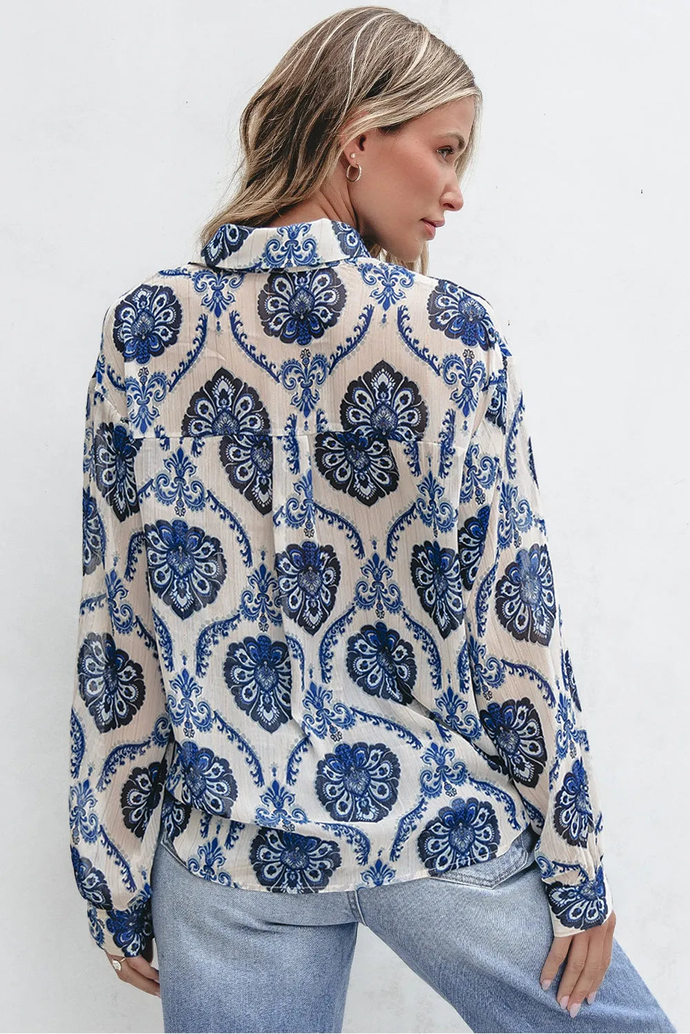 Blue Tribal Pattern Buttoned Front Loose Shirt - Chic Meadow Boutique 