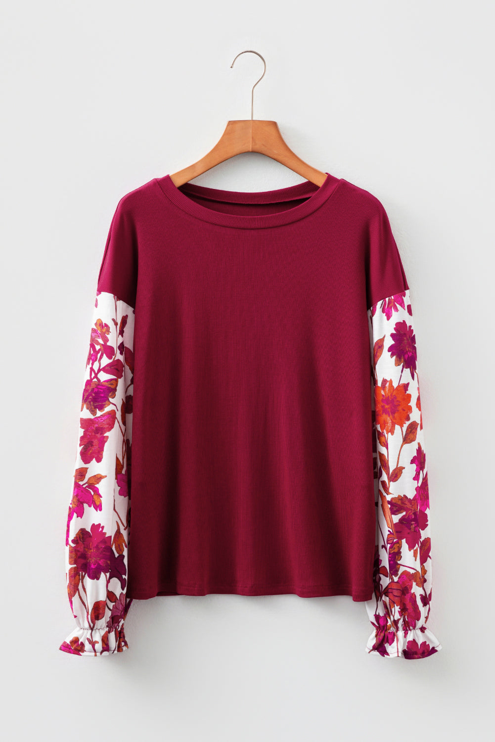 Wild Ginger Contrast Floral Sleeve Solid Ribbed Body Patchwork Long Sleeve Top