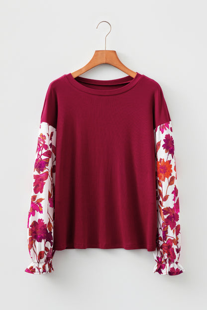 Wild Ginger Contrast Floral Sleeve Solid Ribbed Body Patchwork Long Sleeve Top