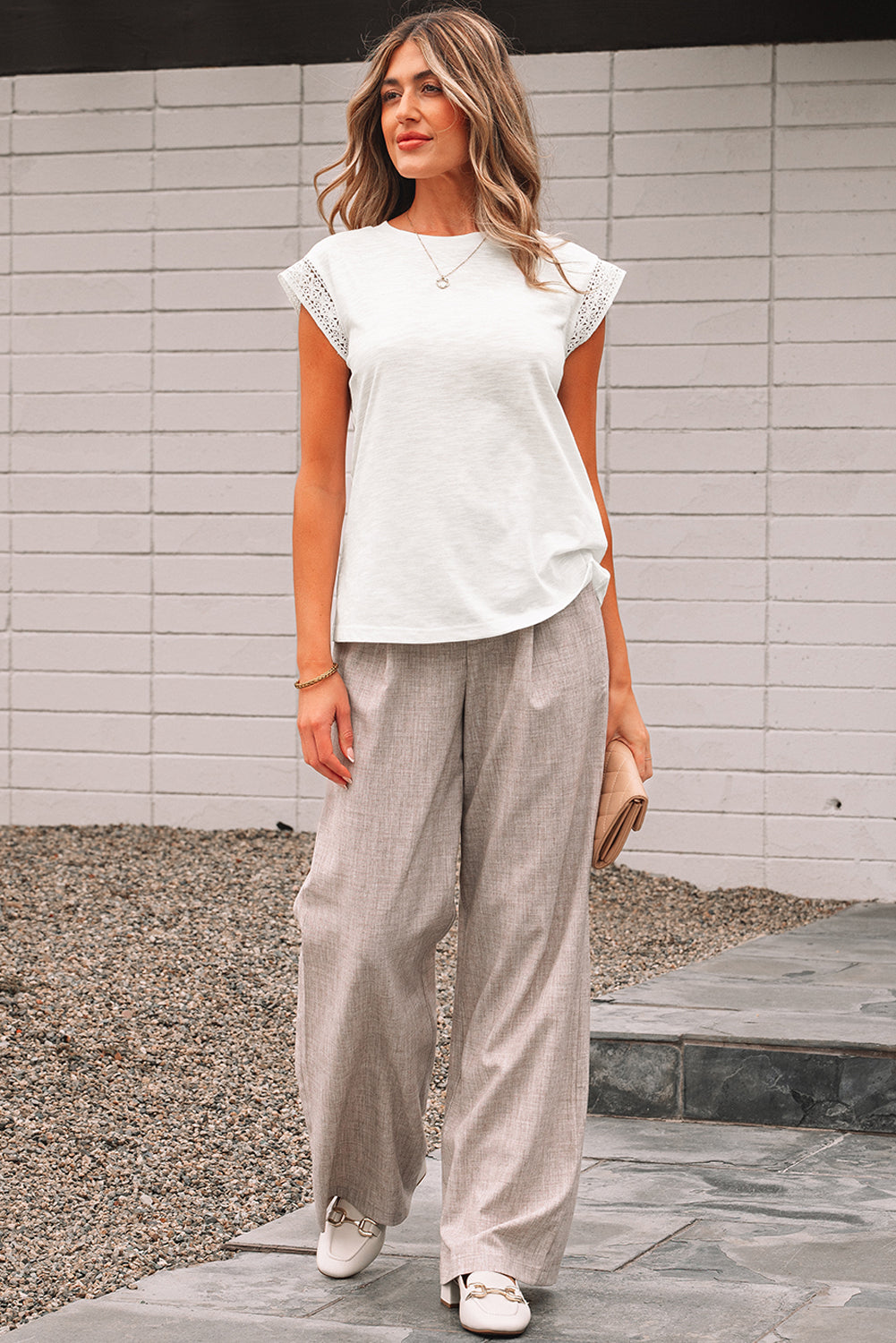 White Lace Patchwork Cap Sleeve Round Neck T Shirt