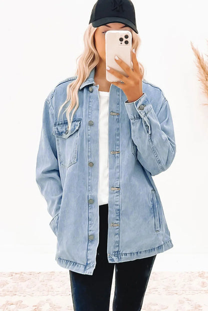 Sky Blue Acid Wash Flap Pocket Boyfriend Shacket - Chic Meadow Boutique 