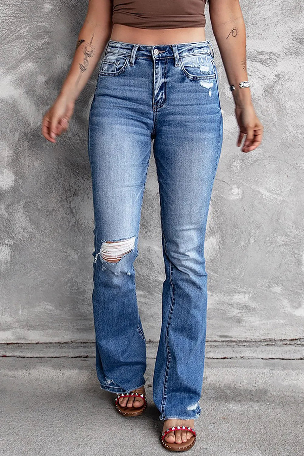 Blue Distressed Flare Jeans - Chic Meadow Boutique 