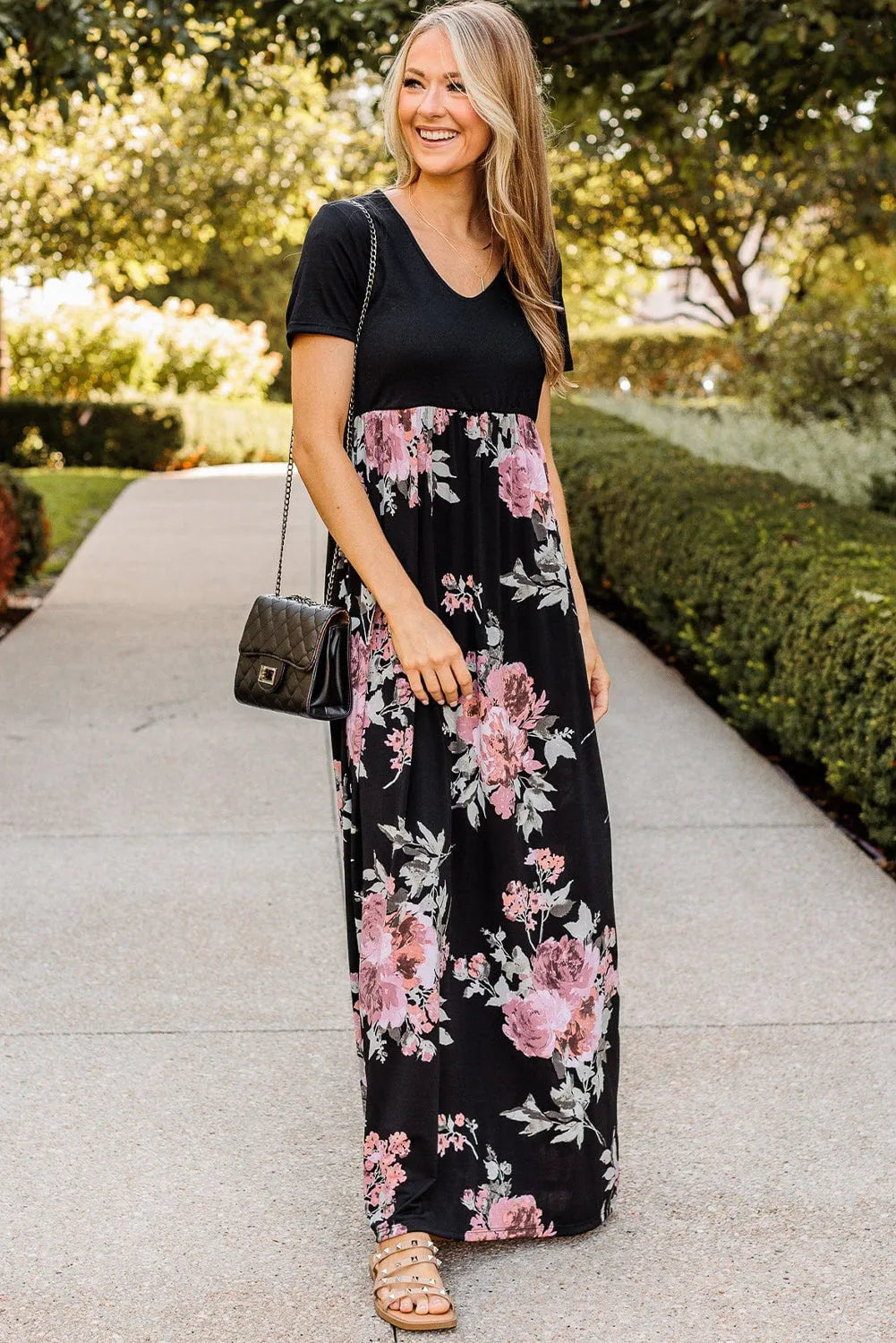 Black Contrast Floral Empire Waist Maxi Dress - Chic Meadow Boutique 