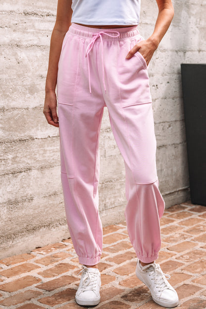 Light Pink Drawstring Waist Patchwork Solid Color Jogger Pants