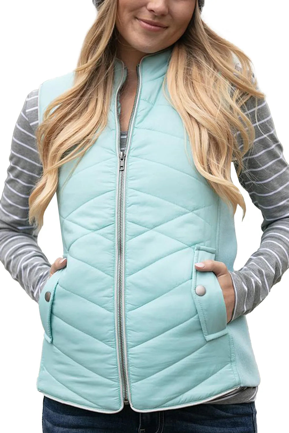 Sky Blue Zip-up Side Pockets Puffer Vest - Chic Meadow Boutique 