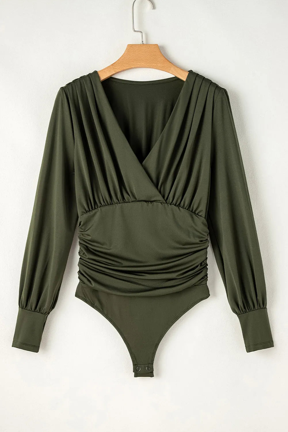 Moss Green Ruched Wrap V Neck Long Sleeve Bodysuit - Chic Meadow Boutique 