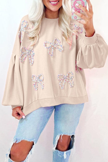 Tops/Sweatshirts & Hoodies Parchment / S / 65%Polyester+35%Cotton Parchment Embroidered Bow Lantern Sleeve Oversized Pullover Sweatshirt