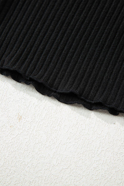 Black Lace Neckline Button Decor Lettuce Edge Long Sleeve Ribbed Top