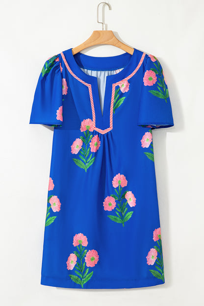 Blue Floral Short Sleeve Split Neck Loose Mini Dress