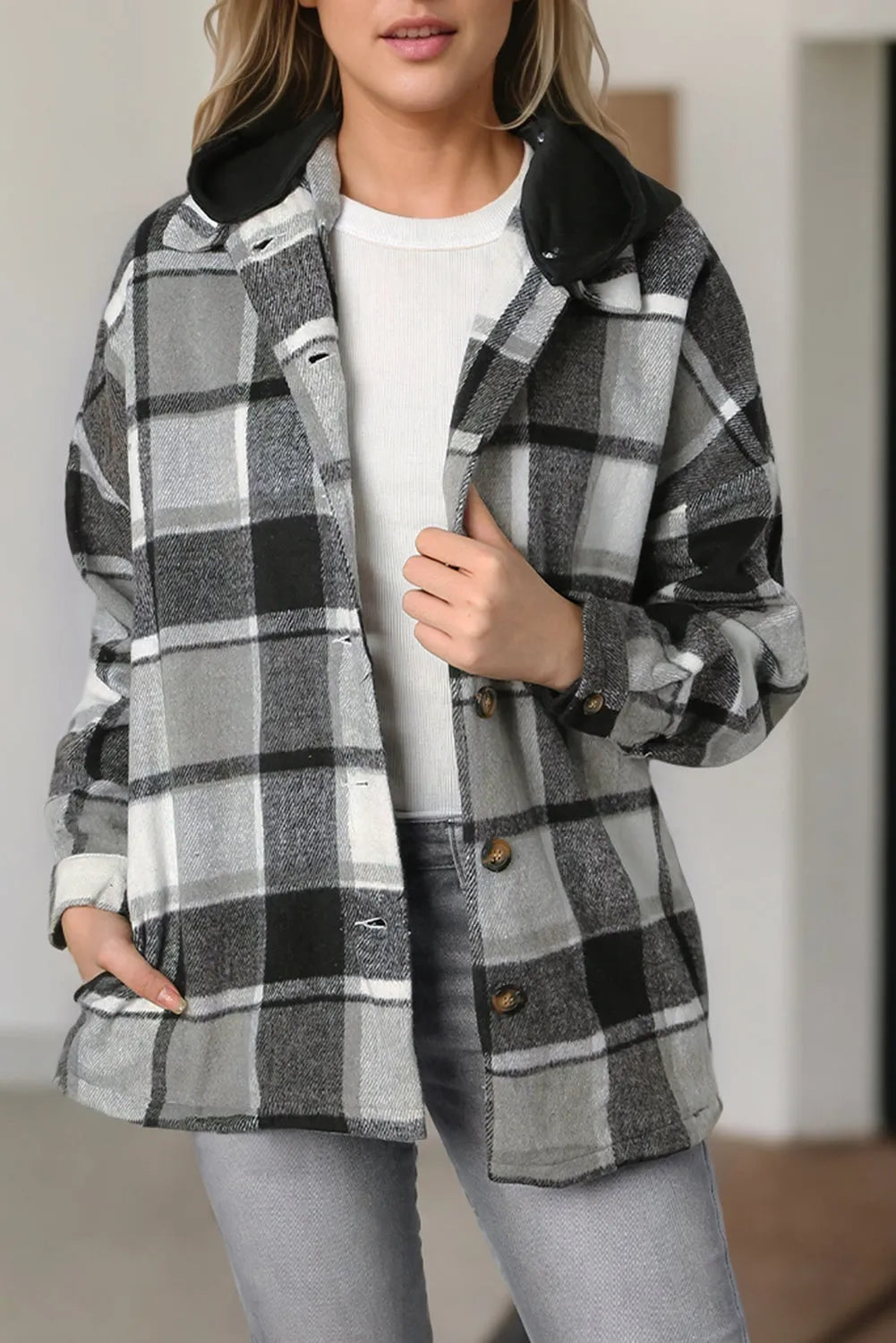 Gray Hooded Plaid Button Front Shacket - Chic Meadow Boutique 