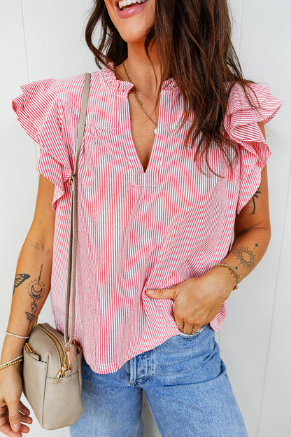Red Stripe Frilly Split Neck Double Ruffled Short Sleeve Blouse