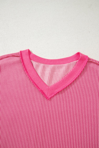 Rose Red Twisted Ribbed Knit V Neck Casual Tee