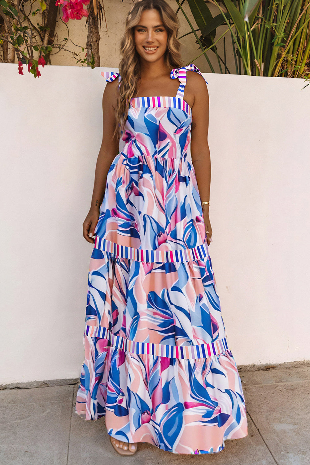 Sky Blue Abstract Print Striped Detail Knot Strap Maxi Dress