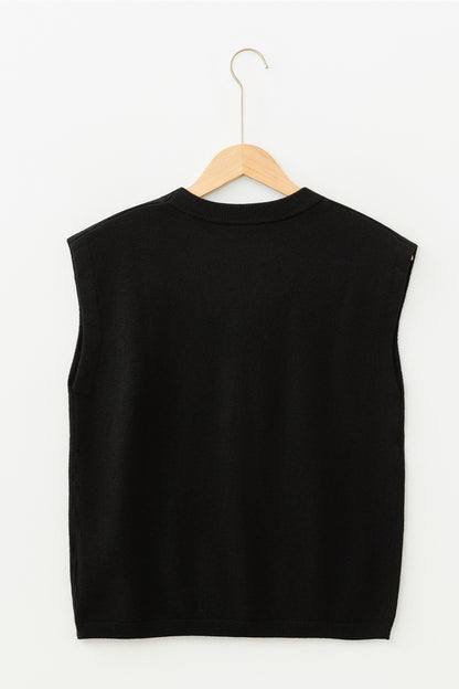 Black Solid Color Crew Neck Knit Cap Sleeve Sweater