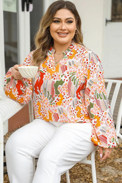 Plus Size/Plus Size Tops/Plus Size Blouses & Shirts Orange Printed Floral Abstract Print Frilled V Neck Plus Size Blouse