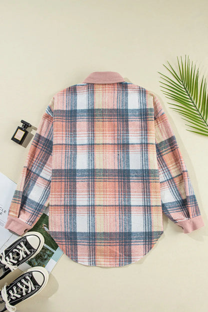 Light Pink Plaid Corduroy Patchwork Chest Pocket Shacket - Chic Meadow Boutique 