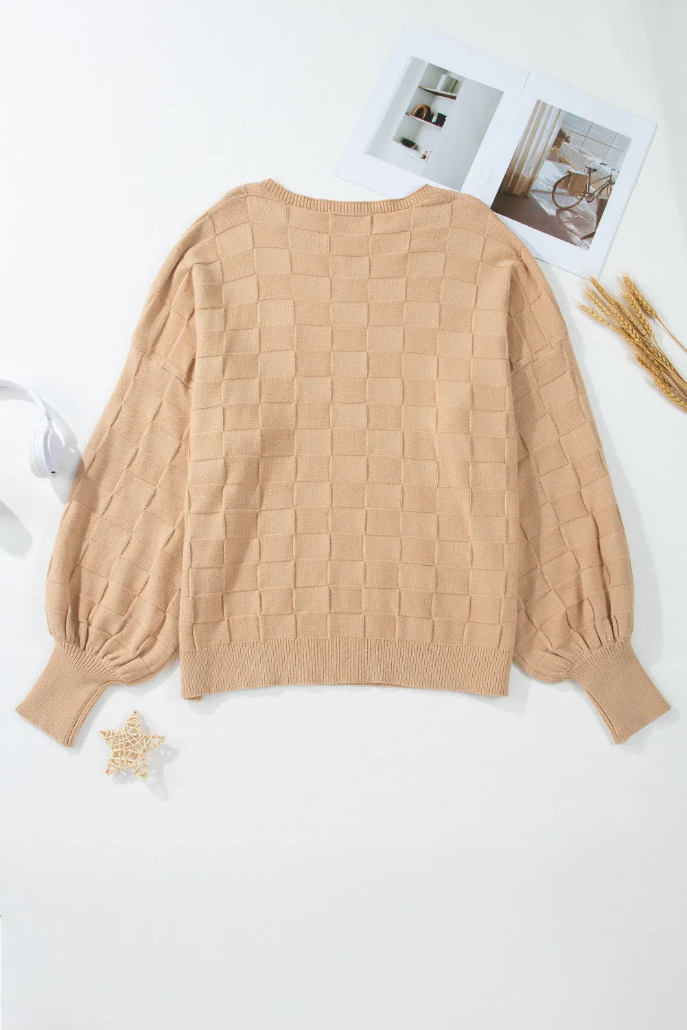 Light French Beige Solid Checkered Textured Knit Plus Size Sweater - Chic Meadow Boutique 