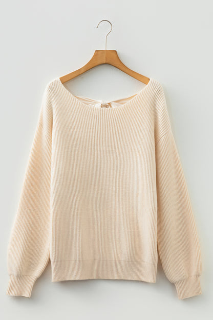 Jet Stream Ribbed Knit Ribbon Knot Backless Drop Shoulder Sweater