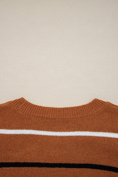 Brown Stripe Ribbed Edge Drop Shoulder Sweater